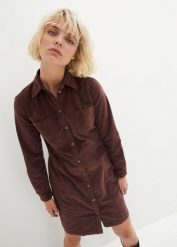 Sukienka sztruksowa ze stretchem. Brązowe sukienki bonprix, bez wzorów, ze sztruksu, bez kołnierzyka, bez ramiączek. Za 142.99 zł.
