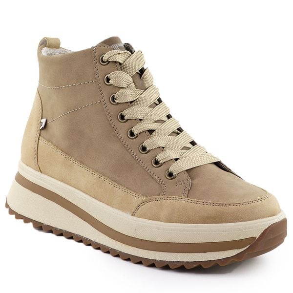 Skórzane botki damskie na platformie beżowe Rieker W3871-60. Brązowe botki Rieker, bez wzorów, ze skóry, bez obcasa, na platformie, bez zapięcia. Za 439.00 zł.