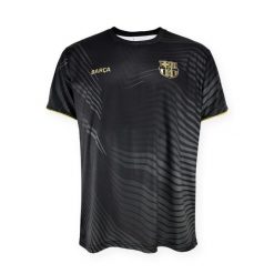 Barça 2025-26 treningowa koszulka - czarno-złota. Czarne bluzki FC Barcelona, bez wzorów, sportowe, bez kołnierzyka, bez ramiączek. Za 173.67 zł.