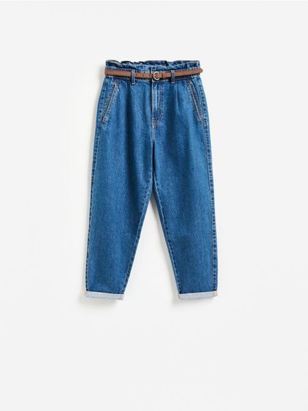 Jeansy paperbag z paskiem - granatowy. Niebieskie jeansy Reserved, bez wzorów. Za 139.99 zł.