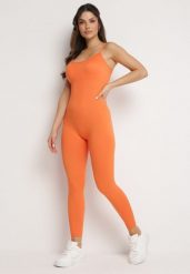 Pomarańczowy Elastyczny Kombinezon Dopasowany Bodycon na Cienkich Regulowanych Ramiączkach Xantella. Brązowe sukienki Born2be, s, bez wzorów, sportowe, bez kołnierzyka, bez ramiączek, bodycon. Za 59.99 zł.