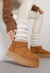 Brązowe Śniegowce na Grubej Podeszwie Zdobione Haftem Sewnella. Brązowe trapery i śniegowce Born2be, z jeansu. Za 69.99 zł.