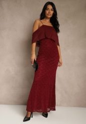 Bordowa Sukienka o Asymetrycznym Kroju Ozdobiona Falbaną Owedia. Czerwone sukienki Renee, l, bez wzorów, z poliesteru, eleganckie, z asymetrycznym kołnierzem, bez ramiączek, asymetryczne. Za 189.99 zł.