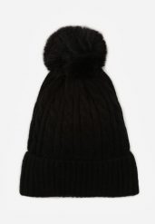 Czarna Czapka w Warkoczowy Splot z Pomponem Vetisare. Czarne czapki Born2be, bez wzorów, z dzianiny. Za 34.99 zł.