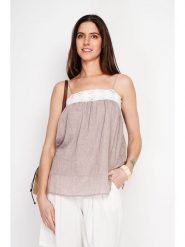 Le Jardin du Lin Lniany top w kolorze beżowym rozmiar: 40. Brązowe topy Le jardin du lin, bez wzorów, z koronki, bez kołnierzyka, bez ramiączek. Za 100.99 zł.