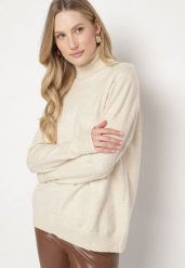 Jasnobeżowy Casualowy Golf z Wełną o Prostym Kroju Reiselia. Brązowe golfy Born2be, uniwersalny, bez wzorów, z bawełny, bez ramiączek. Za 69.99 zł.