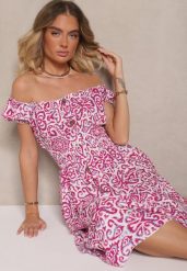 Różowa Sukienka Bawełniana z Gumką w Talii i Ornamentalnym Printem Natilessae. Czerwone sukienki Renee, na co dzień, l, z aplikacjami, z bawełny, eleganckie, bez kołnierzyka, bez ramiączek, midi, kopertowe. Za 39.99 zł.