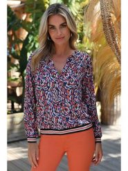 Bleu d'Azur Bluzka "Memphis" w kolorze biało-granatowo-pomarańczowym rozmiar: 44. Białe bluzki Bleu d'Azur, w ażurowe wzory, klasyczne, bez kołnierzyka, bez ramiączek. Za 127.35 zł.