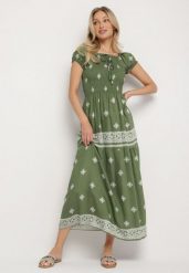 Zielona Sukienka z Wiskozy ze Wzorem Boho Ellirose. Zielone sukienki Born2be, na co dzień, na wiosnę, m, z aplikacjami, z wiskozy, boho, bez kołnierzyka, bez ramiączek, maxi. Za 64.99 zł.