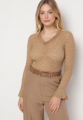 Beżowa Koronkowa Bluzka z Długim Rękawem z Falbanką Isotara. Brązowe bluzki Born2be, m, bez wzorów, z jeansu, eleganckie, bez kołnierzyka, bez ramiączek. Za 69.99 zł.