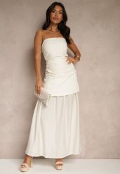 Beżowa Sukienka Koktajlowa z Dekoltem Bandeau Ozdobiona Marszczeniem Folimmea. Brązowe sukienki Renee, m, bez wzorów, eleganckie, bez kołnierzyka, bez ramiączek, maxi, kopertowe. Za 129.99 zł.