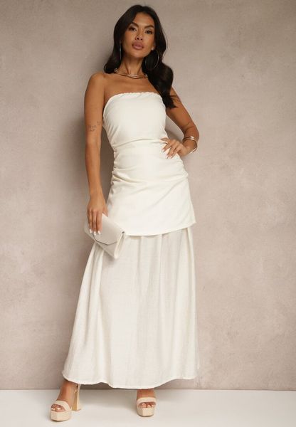 Beżowa Sukienka Koktajlowa z Dekoltem Bandeau Ozdobiona Marszczeniem Folimmea. Brązowe sukienki Renee, m, bez wzorów, eleganckie, bez kołnierzyka, bez ramiączek, maxi, kopertowe. Za 159.99 zł.