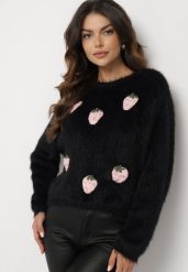 Czarny Puchaty Sweter z Wełną i Aplikacjami Truskawek 3D Leraisa. Czarne swetry Born2be, na jesień, z aplikacjami, z jeansu, bez ramiączek. Za 99.99 zł.