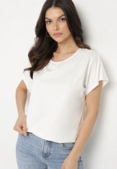Biały Bawełniany T-shirt Nietoperz z Perłami i Koronką Eleziria. Białe t-shirty Born2be, l, bez wzorów, z bawełny, bez kołnierzyka, bez ramiączek. W wyprzedaży za 48.99 zł.