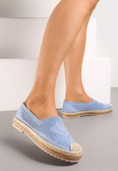 Niebieskie Ażurowe Espadryle na Plecionej Podeszwie z Ozdobnym Noskiem Uraian. Niebieskie espadryle Renee, w ażurowe wzory, ze skóry, bez obcasa, bez zapięcia. Za 54.99 zł.