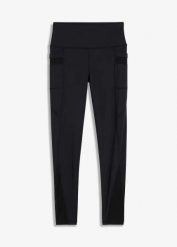 Wygodne legginsy sportowe z siatkowymi wstawkami i kieszonką na telefon. Czarne legginsy bonprix, bez wzorów. Za 97.99 zł.