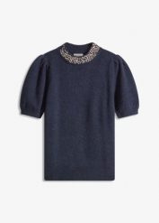 Sweter z aplikacją ze sztrasów. Niebieskie swetry bonprix, z aplikacjami, z dzianiny, bez ramiączek. Za 149.99 zł.