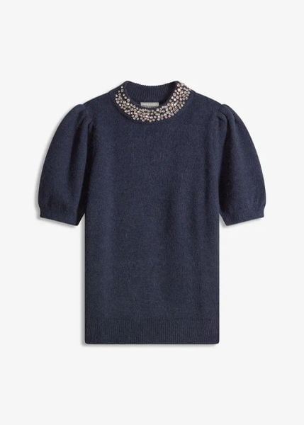 Sweter z aplikacją ze sztrasów. Niebieskie swetry bonprix, z aplikacjami, z dzianiny, bez ramiączek. Za 149.99 zł.