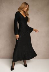 Czarna Rozkloszowana Sukienka Longsleeve w Zebrę Zdobiona Brokatem Mevilisa. Czarne sukienki Renee, s, z aplikacjami, klasyczne, bez kołnierzyka, bez ramiączek, maxi, rozkloszowane. Za 169.99 zł.