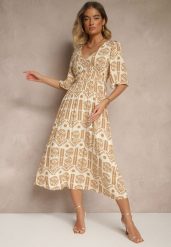 Ciemnobeżowa Sukienka Boho Rozkloszowana z Wiskozy z Odkrytymi Plecami Tuvria. Brązowe sukienki Renee, na co dzień, l, bez wzorów, z wiskozy, boho, bez kołnierzyka, bez ramiączek, midi, rozkloszowane. Za 49.99 zł.