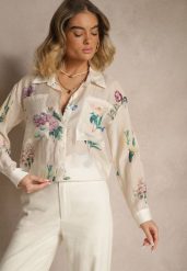 Beżowa Koszula w Kwiaty z Dodatkiem Wiskozy z Kieszonkami Polliliana. Brązowe koszule Renee, l, bez wzorów, z jeansu, eleganckie, bez kołnierzyka, bez ramiączek. Za 94.99 zł.