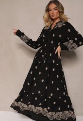Czarna Rozkloszowana Sukienka Ozdobiona Haftem i Wzorem Boho Ronavere. Czarne sukienki Renee, na co dzień, na lato, l, bez wzorów, boho, bez kołnierzyka, bez ramiączek, maxi, kopertowe. Za 139.99 zł.