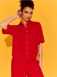 Wiskozowa koszula z krótkim rękawem z domieszką lnu - pomarańczowy. Brązowe koszule Sinsay, l, bez wzorów, z wiskozy, bez kołnierzyka, bez ramiączek. Za 39.99 zł.