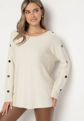 Jasnobeżowy Sweter z Dodatkiem Bawełny i Wiskozy z Guzikami na Rękawach Ciasine. Brązowe swetry Born2be, l, bez wzorów, z bawełny, bez ramiączek. Za 74.99 zł.