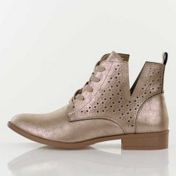 Złote ażurowe botki damskie Jezzi Mam65-112. Żółte botki Jezzi, na jesień, w ażurowe wzory, z jeansu, bez obcasa, na obcasie, bez zapięcia. Za 249.00 zł.