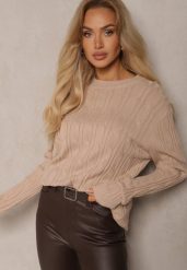 Beżowy Sweter z Wiskozą Ozdobiony Tłoczeniem Savra. Brązowe swetry Renee, na zimę, bez wzorów, z wiskozy, bez ramiączek. Za 99.99 zł.