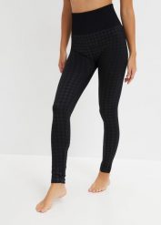 Legginsy ocieplane z miękką spodnią stroną i deseniem w pepitkę. Czarne legginsy bonprix, bez wzorów. Za 69.99 zł.