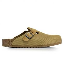 Klapki unisex Birkenstock Boston Corduroy Cork. Zielone klapki Birkenstock, bez wzorów, z materiału, bez obcasa. Za 929.00 zł.