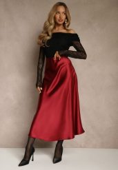 Bordowa Satynowa Midi Spódnica Rozkloszowana z Gumką w Pasie i Suwakiem Leose. Czerwone spódnice Renee, l, bez wzorów, z satyny, midi, rozkloszowane. Za 109.99 zł.