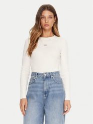 Guess Jeans Bluzka W5BP01 KA0H1 Beżowy Slim Fit. Brązowe bluzki Guess Jeans, l, z aplikacjami, z bawełny, bez kołnierzyka, bez ramiączek. Za 139.99 zł.