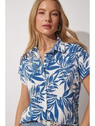 Happiness Istanbul Bluzka w kolorze kremowo-niebieskim rozmiar: 42. Niebieskie bluzki Happiness Istanbul, bez wzorów, bez kołnierzyka, bez ramiączek. Za 60.99 zł.