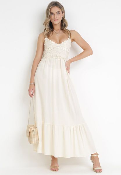 Beżowa Sukienka Xeraios. Brązowe sukienki Born2be, na randkę, m, bez wzorów, z koronki, eleganckie, bez kołnierzyka, bez ramiączek, maxi, trapezowe. Za 99.99 zł.