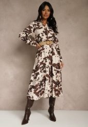 Brązowa Sukienka z Wiskozą o Koszulowym Kroju z Paskiem w Krowie Łaty Carlitia. Brązowe sukienki Renee, na spotkanie biznesowe, na lato, l, bez wzorów, z wiskozy, bez kołnierzyka, bez ramiączek, midi, koszulowe. Za 139.99 zł.