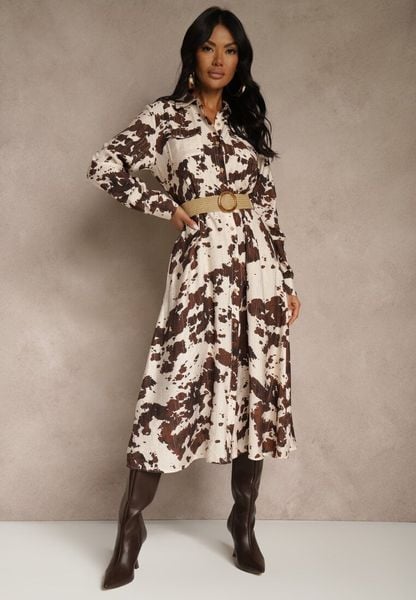 Brązowa Sukienka z Wiskozą o Koszulowym Kroju z Paskiem w Krowie Łaty Carlitia. Brązowe sukienki Renee, na spotkanie biznesowe, na lato, l, bez wzorów, z wiskozy, bez kołnierzyka, bez ramiączek, midi, koszulowe. Za 139.99 zł.