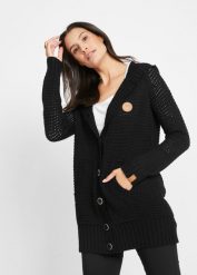 Sweter rozpinany z kapturem. Czarne kardigany bonprix, bez wzorów, ze skóry. Za 129.99 zł.
