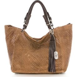 Skórzany shopper bag w kolorze jasnobrązowym - 42 x 30 x 20 cm. Brązowe shopper Anna Morellini, bez wzorów, z materiału, na ramię, bez dodatków. W wyprzedaży za 351.95 zł.