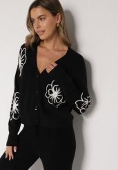 Czarny Kardigan na Guziki w Haftowane Kwiaty Tustara. Czarne kardigany Born2be, l, bez wzorów, z jeansu. Za 89.99 zł.