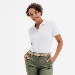 Koszulka polo do golfa z krótkim rękawem damska Inesis MW500. Białe koszulki polo INESIS, m, bez wzorów, z bawełny, bez kołnierzyka, bez ramiączek. Za 59.99 zł.
