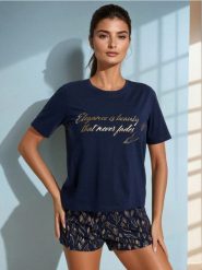 Piżama dwuczęściowa ze wzorem - granatowy. Niebieskie piżamy Sinsay, bez wzorów, bez ramiączek. Za 39.99 zł.