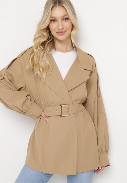 Ciemnobeżowy Krótki Płaszcz z Bufiastymi Rękawami i Elastycznym Paskiem z Klamrą Lirenda. Brązowe płaszcze Born2be, l, bez wzorów, bez kaptura. Za 149.99 zł.
