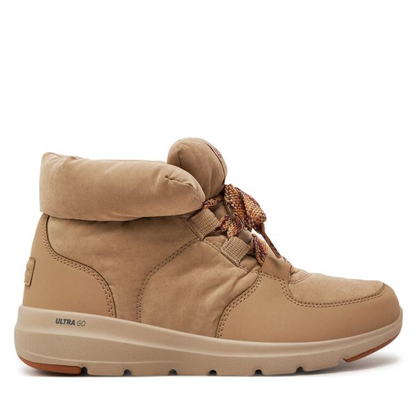 Trzewiki Skechers. Brązowe botki Skechers, bez wzorów, bez obcasa, na płaskiej podeszwie, bez zapięcia. Za 249.99 zł.