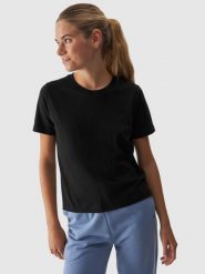 4F T-shirt regular gładki damski - czarny L. Czarne t-shirty 4f, l, bez wzorów, z bawełny, bez kołnierzyka, bez ramiączek. W wyprzedaży za 29.99 zł.