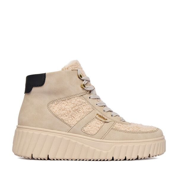 Trzewiki Rieker. Brązowe botki Rieker, bez wzorów, bez obcasa, na koturnie, bez zapięcia. Za 319.99 zł.