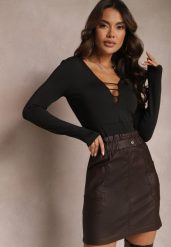 Ciemnobrązowa Dopasowana Spódnica Mini z Imitacji Skóry z Gumką w Talii i Kieszeniami Anishree. Brązowe spódnice Renee, s, bez wzorów, ze skóry, mini, dopasowane. Za 69.99 zł.