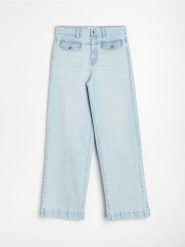 Jeansy straight wide leg ze średnim stanem - niebieski. Niebieskie jeansy Sinsay, l, bez wzorów. Za 69.99 zł.