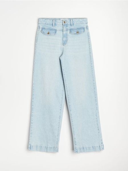 Jeansy straight wide leg ze średnim stanem - niebieski. Niebieskie jeansy Sinsay, l, bez wzorów. Za 69.99 zł.